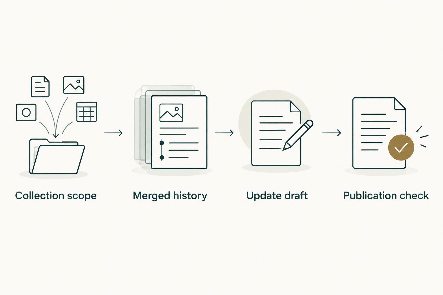 Four stages from defining the collection scope to checking the status update before publication