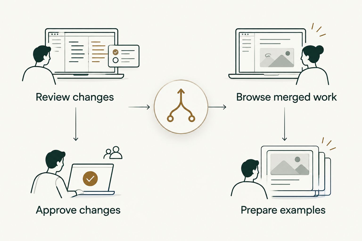 Two paths distinguish reviewing changes before merge from browsing merged work for examples