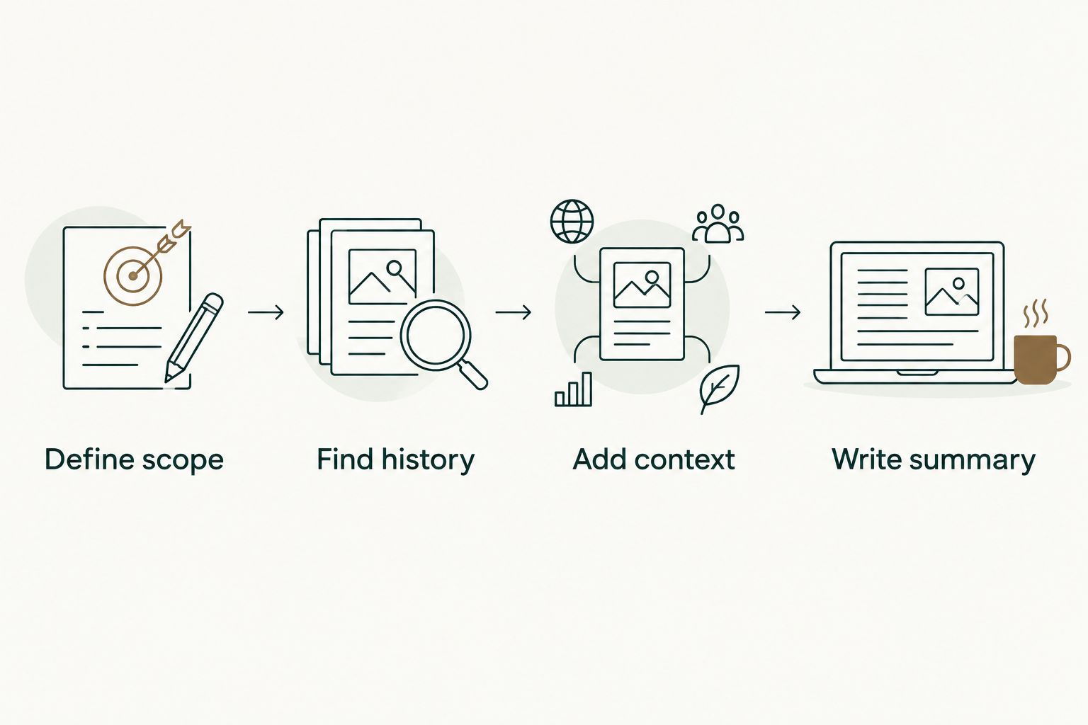 Four steps from defining the review scope to writing an evidence-backed summary